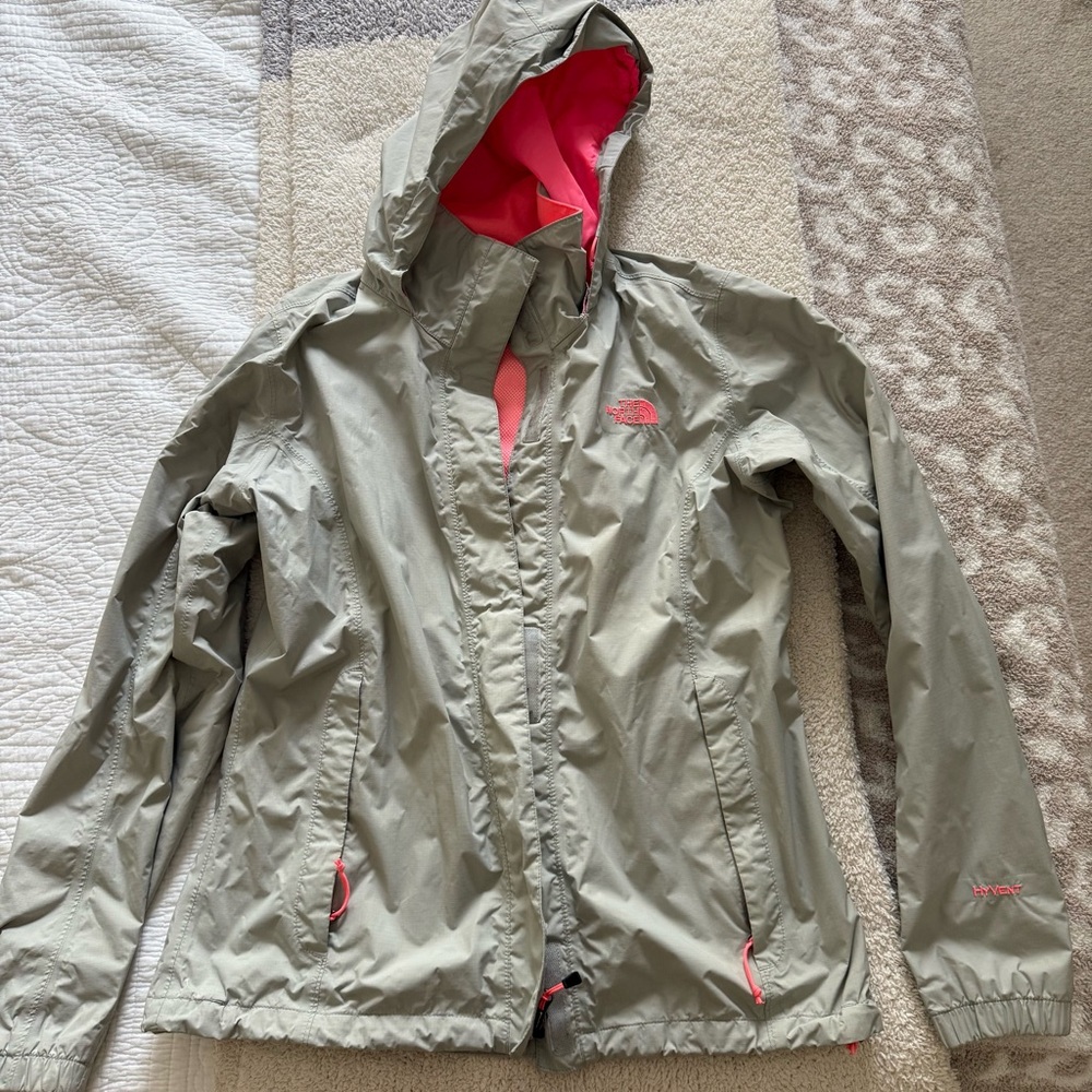The North Face Grey Raincoat with NEON Pink Highlights